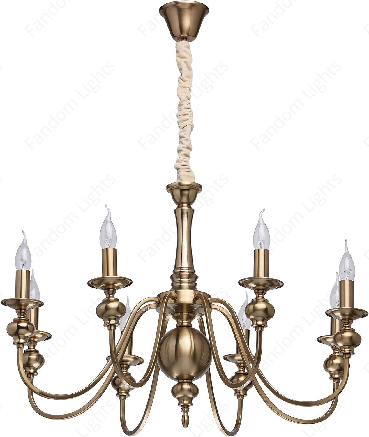 6 Light Brass Italian Chandelier Light for Dining Hall - Warm White